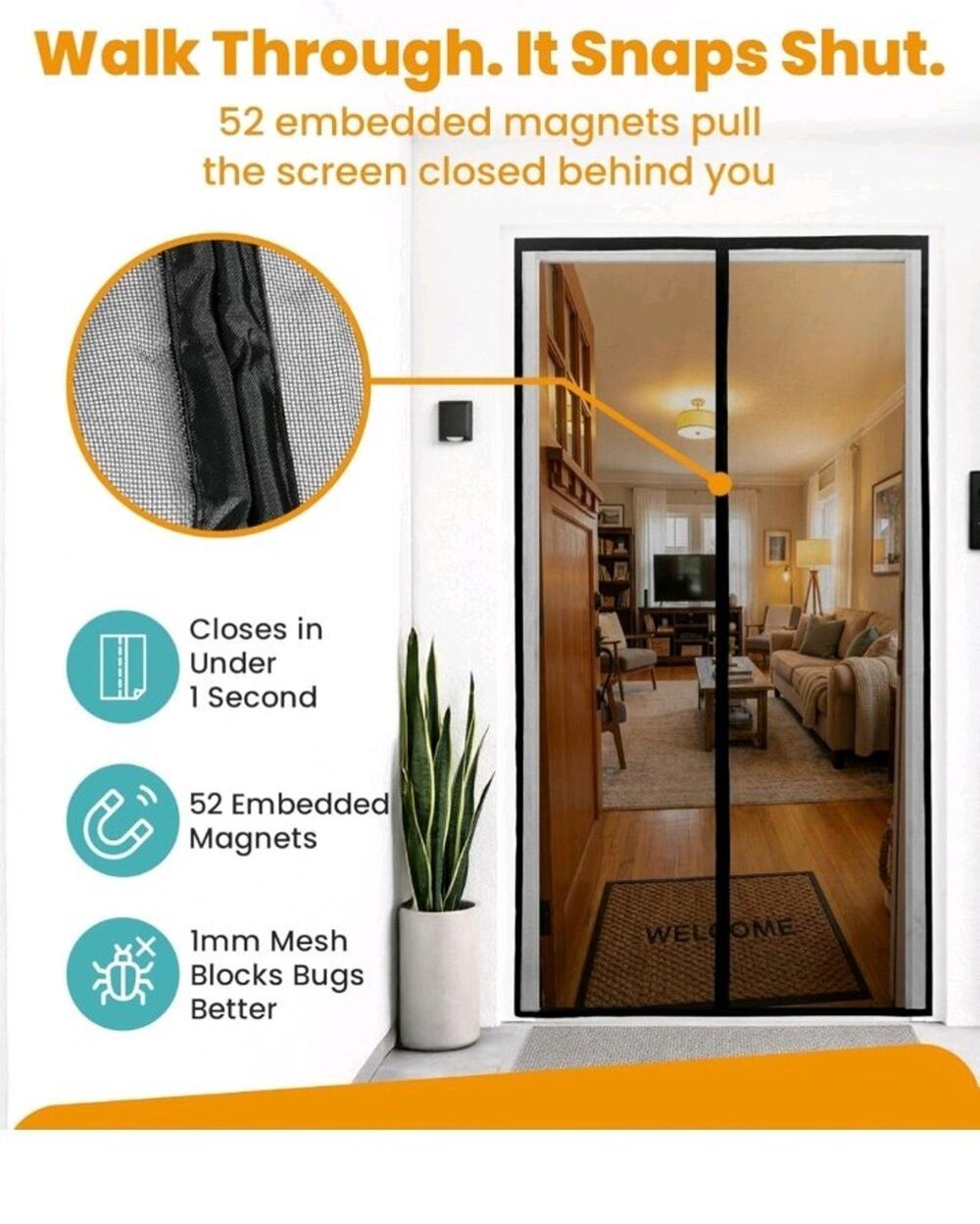 Heavy Duty Fiberglass Magnetic Screen Door 38 x 82 Inch - Bugs Out, Breeze in...